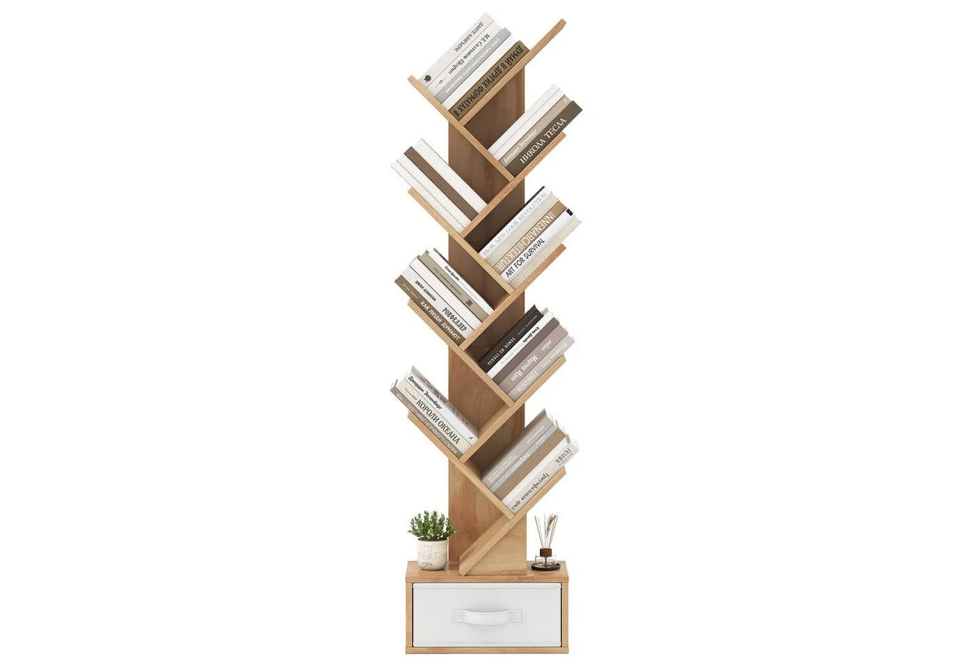COSTWAY Bücherregal Baumform Beige 8 Ablagen mit Schublade - Bild 2