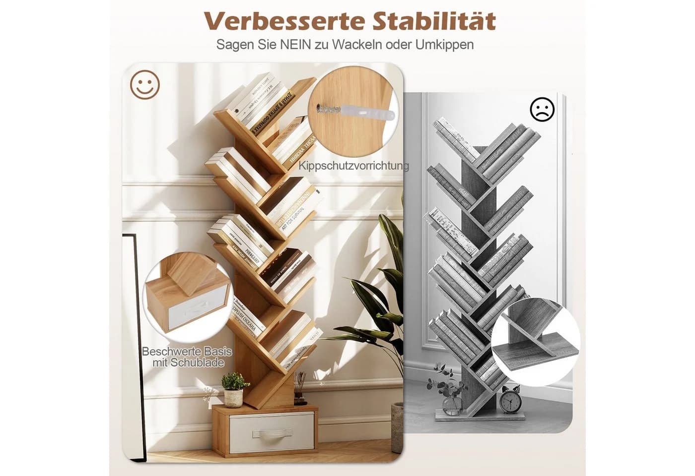 COSTWAY Bücherregal Baumform Beige 8 Ablagen mit Schublade - Bild 3