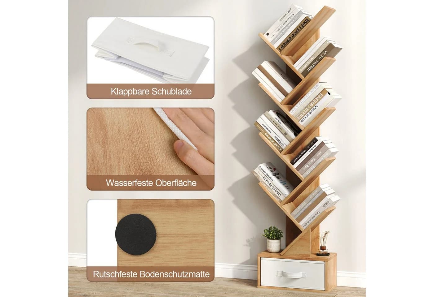COSTWAY Bücherregal Baumform Beige 8 Ablagen mit Schublade - Bild 4