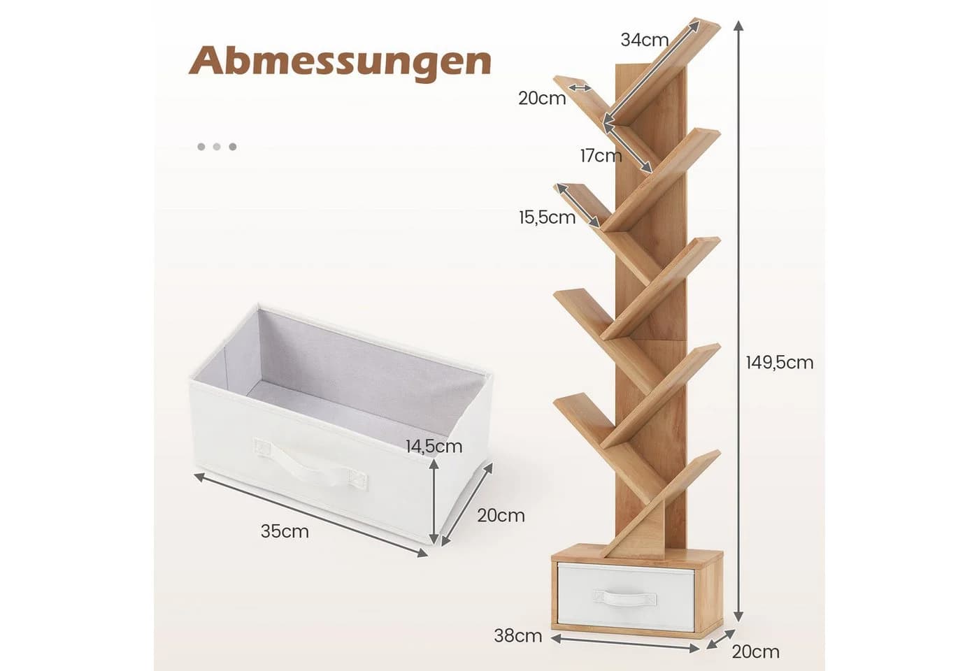 COSTWAY Bücherregal Baumform Beige 8 Ablagen mit Schublade - Bild 5