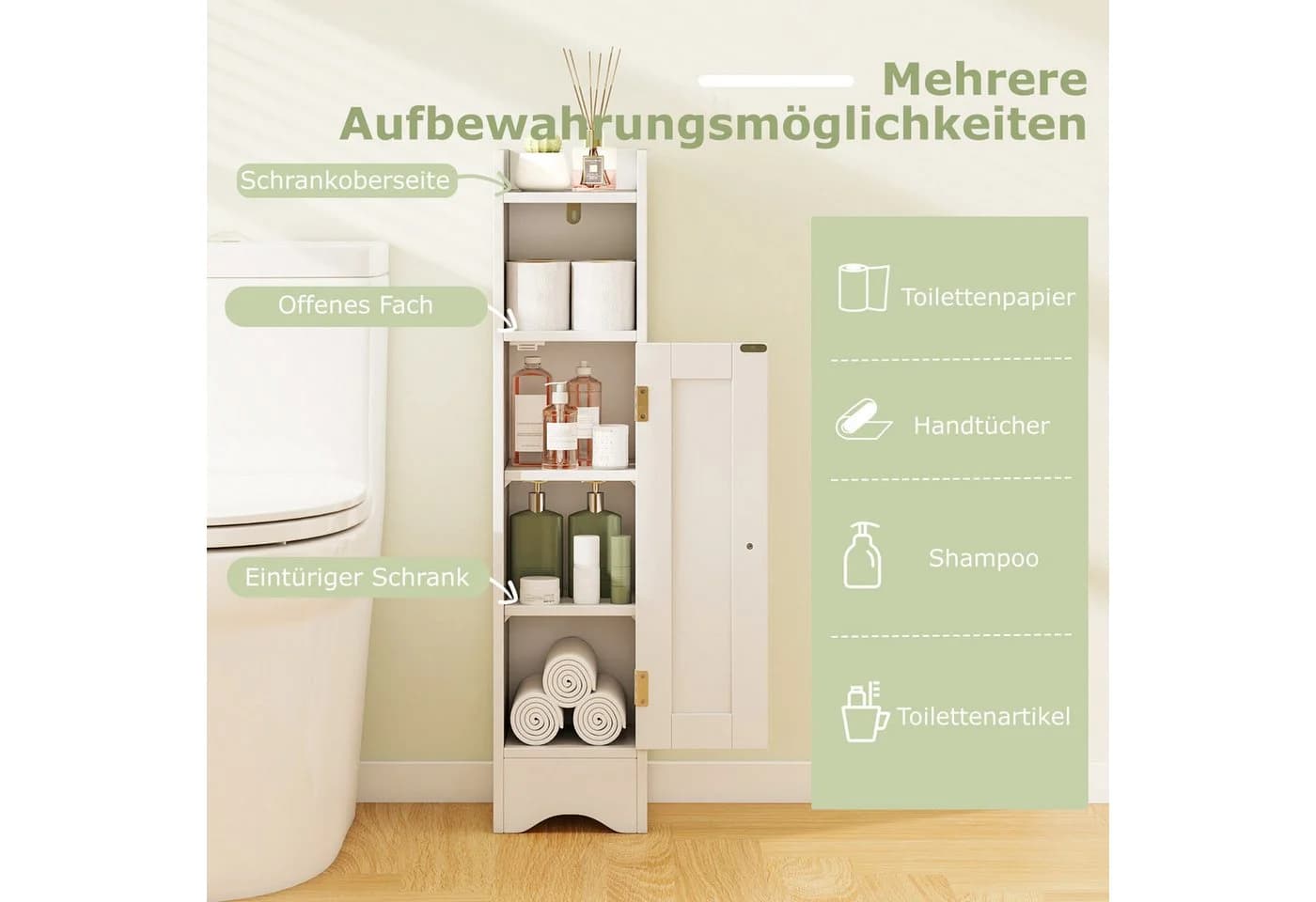 COSTWAY Badezimmerschrank schmal mit verstellbaren Ablagen, weiß - Bild 4