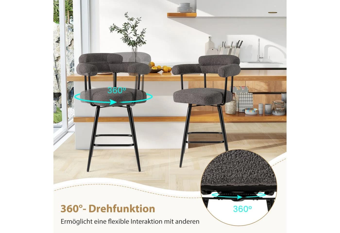 COSTWAY Barhocker 2er Set Grau/Schwarz Gepolstert Drehbar - Bild 3