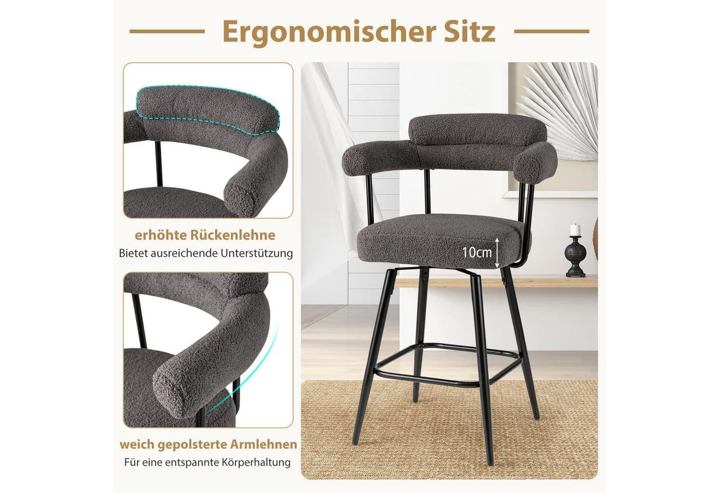 COSTWAY Barhocker 2er Set Grau/Schwarz Gepolstert Drehbar - Bild 5