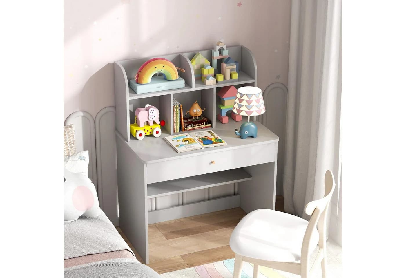 COSTWAY Kinderschreibtisch Holz mit Ablagefach 80 x 48 x 102 cm