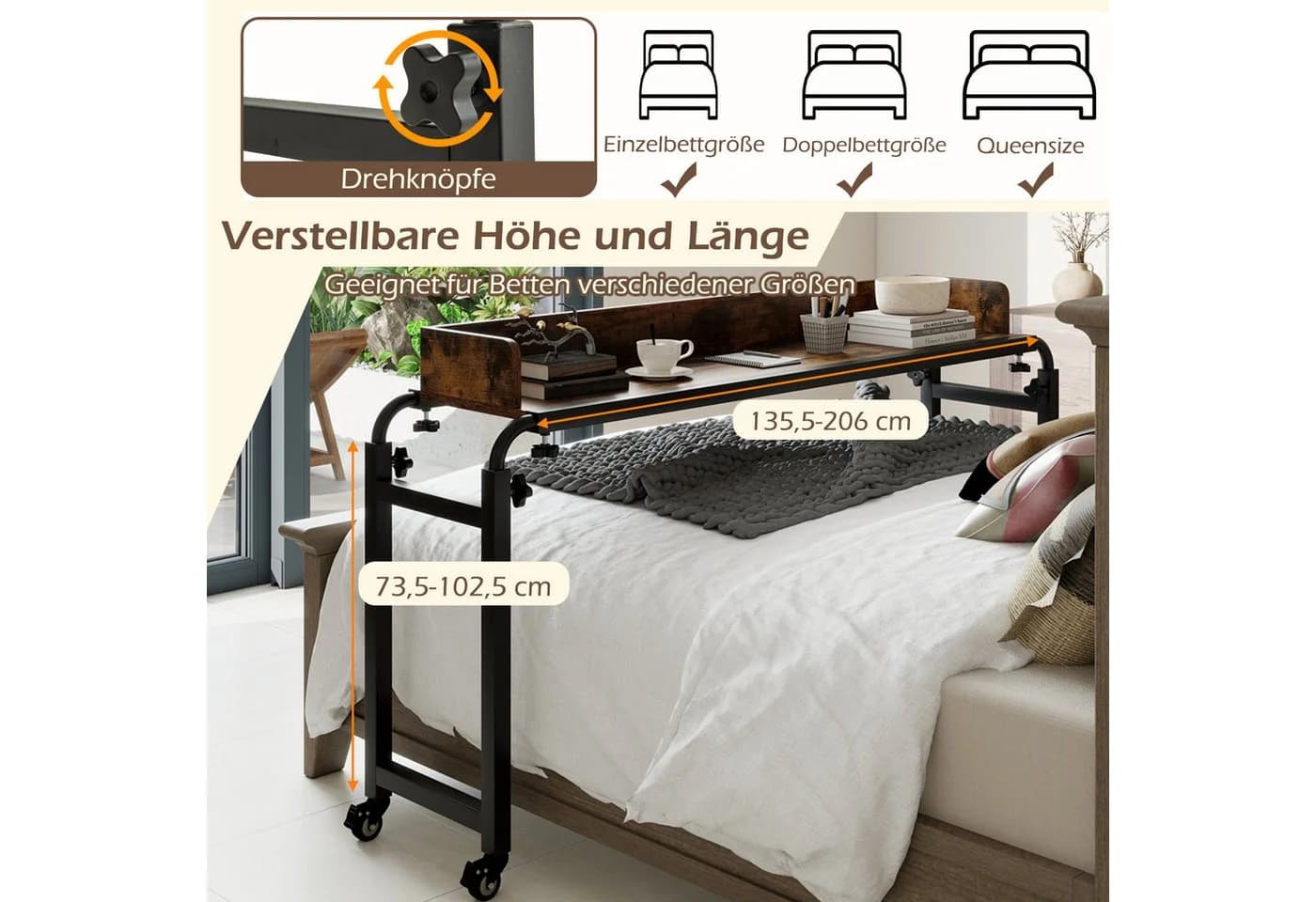 COSTWAY Überbetttisch mit Rollen, verstellbarer Höhe & Länge, Braun/Schwarz - Bild 3
