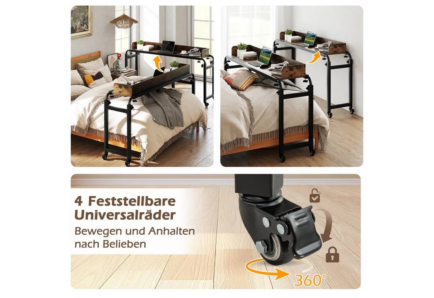COSTWAY Überbetttisch mit Rollen, verstellbarer Höhe & Länge, Braun/Schwarz - Bild 4