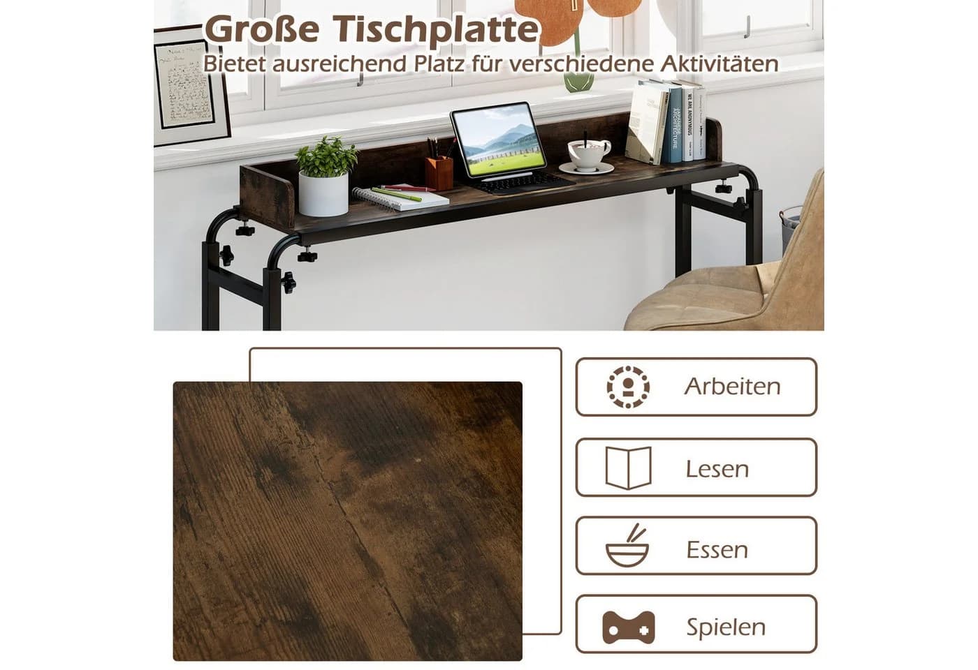 COSTWAY Überbetttisch mit Rollen, verstellbarer Höhe & Länge, Braun/Schwarz - Bild 5