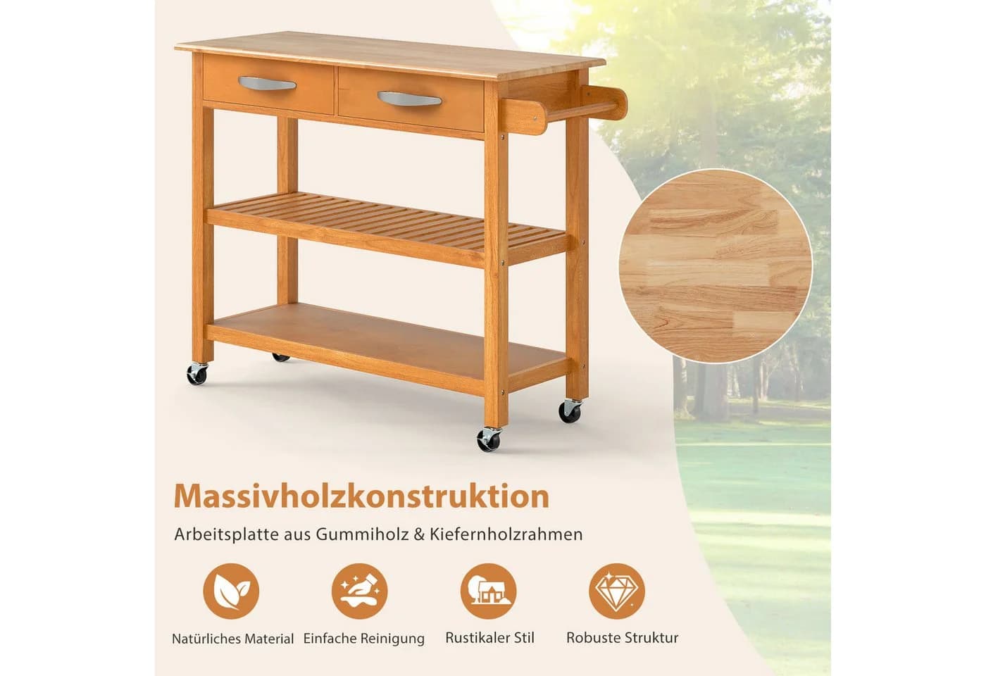 COSTWAY Küchenwagen mit Rollen, Arbeitsplatte & 2 Schubladen, Holz, Natur - Bild 4