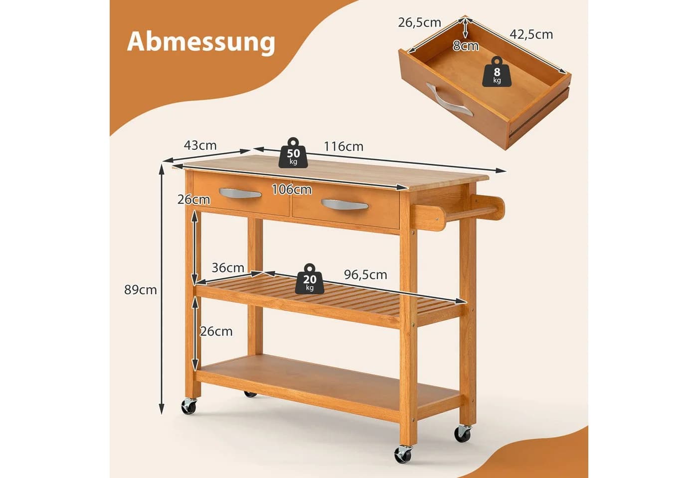 COSTWAY Küchenwagen mit Rollen, Arbeitsplatte & 2 Schubladen, Holz, Natur - Bild 5