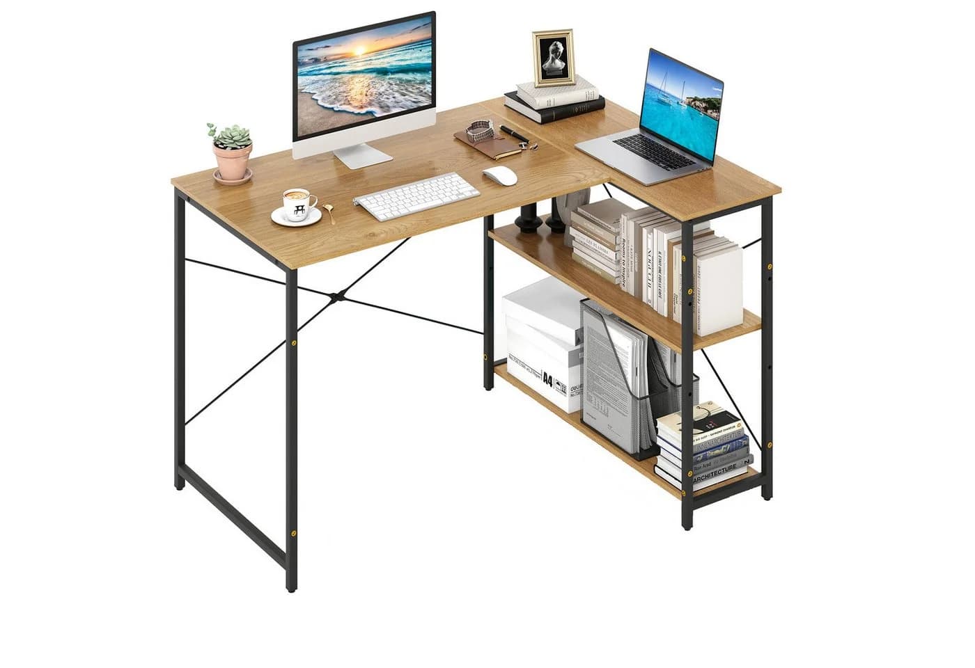 COSTWAY Eckschreibtisch L-förmig mit Regal Holz Schwarz - Bild 2
