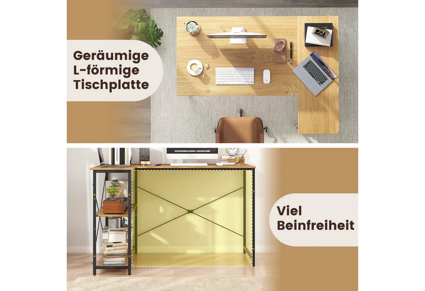 COSTWAY Eckschreibtisch L-förmig mit Regal Holz Schwarz - Bild 3