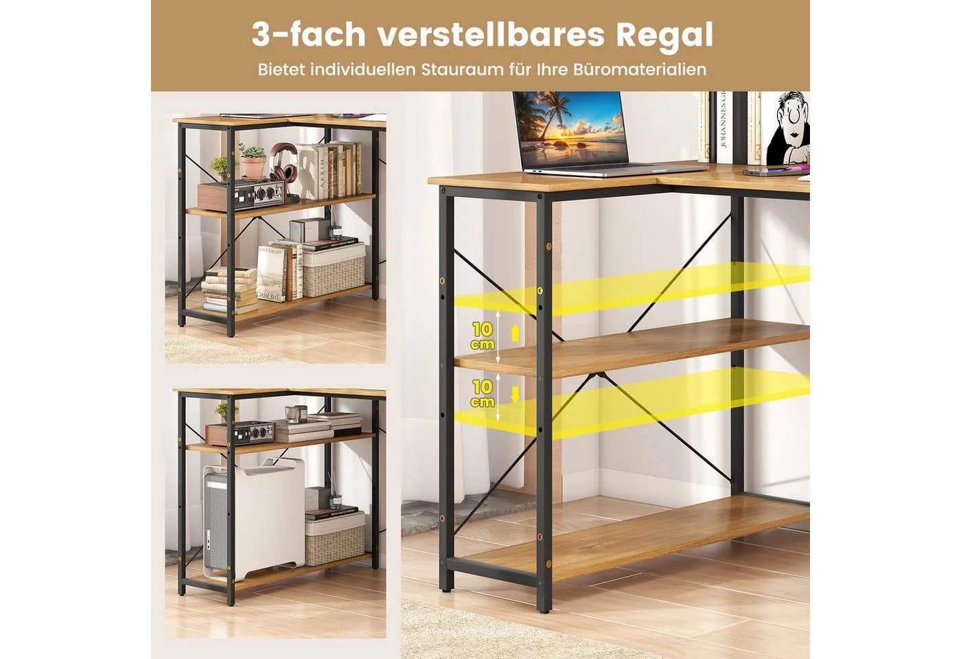 COSTWAY Eckschreibtisch L-förmig mit Regal Holz Schwarz - Bild 4