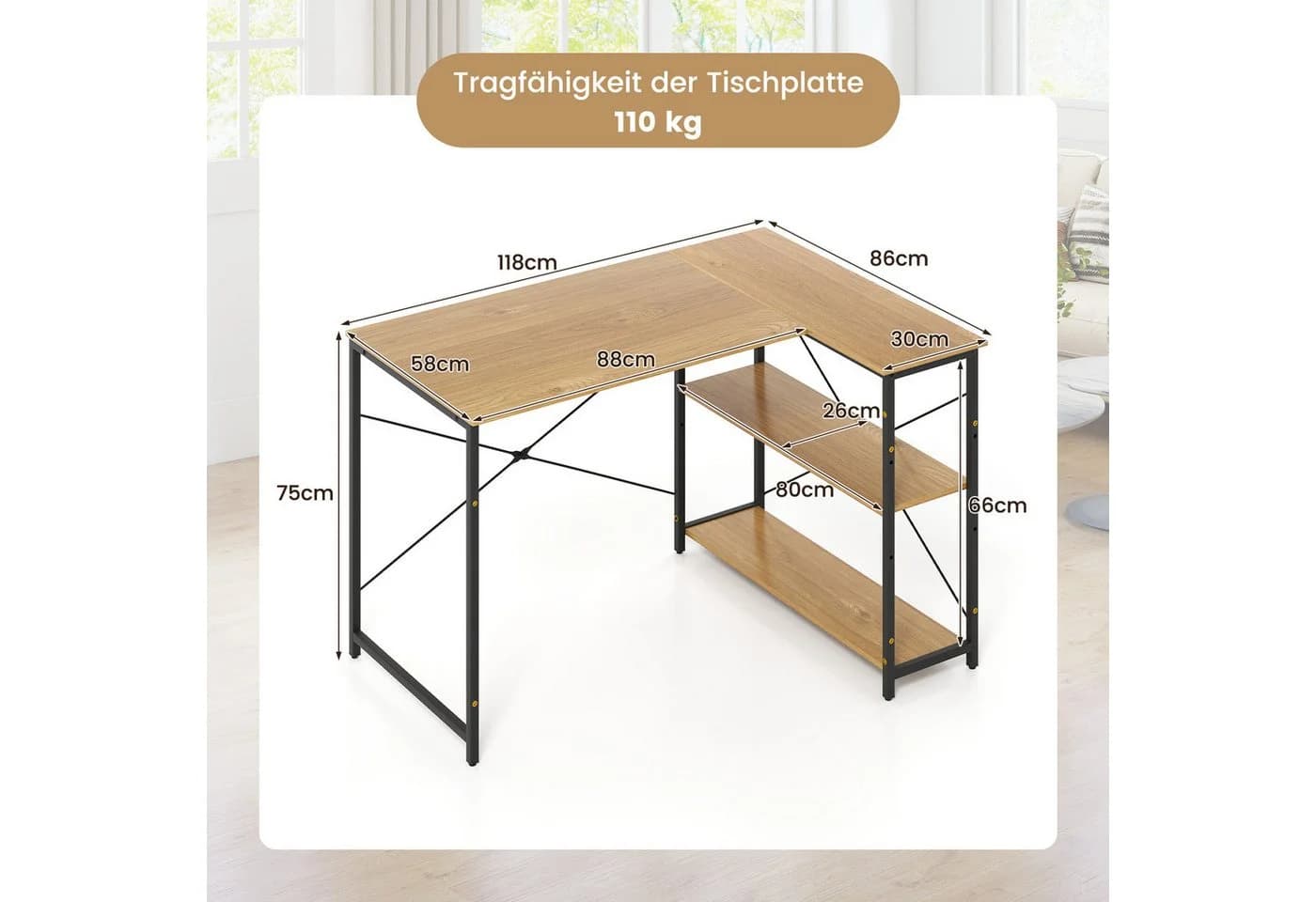 COSTWAY Eckschreibtisch L-förmig mit Regal Holz Schwarz - Bild 5