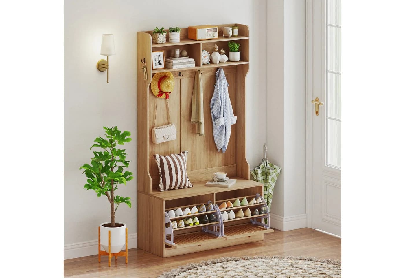 COSTWAY Kleiderständer Holz mit Schuhbank Klappschubladen