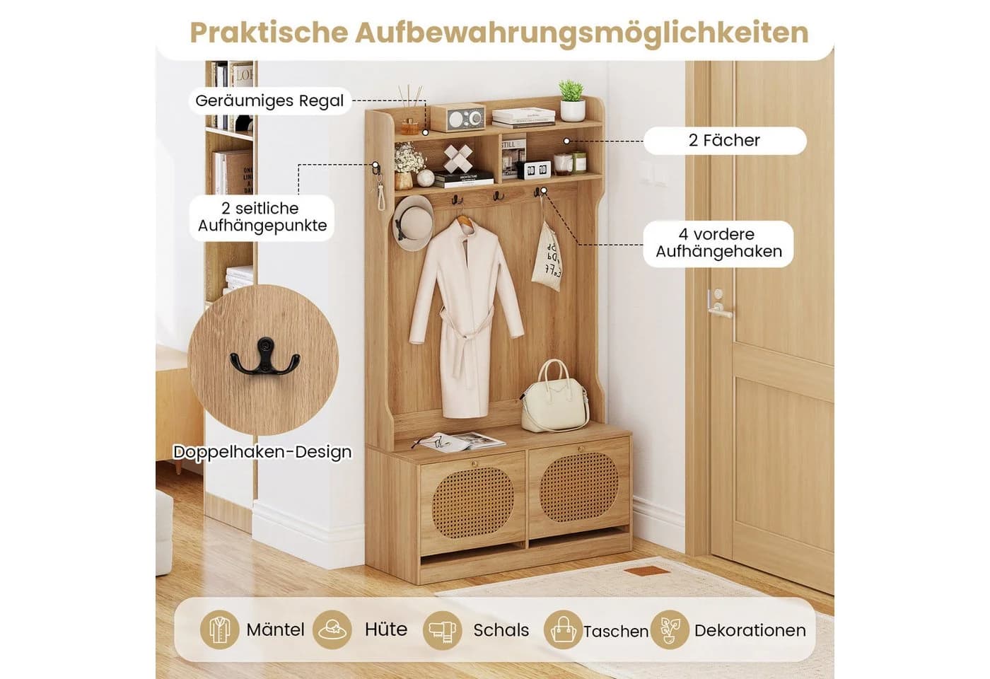 COSTWAY Kleiderständer Holz mit Schuhbank Klappschubladen - Bild 3