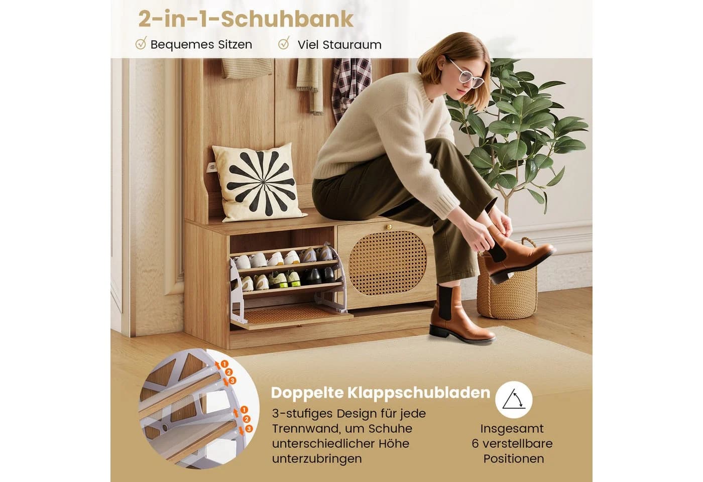 COSTWAY Kleiderständer Holz mit Schuhbank Klappschubladen - Bild 4