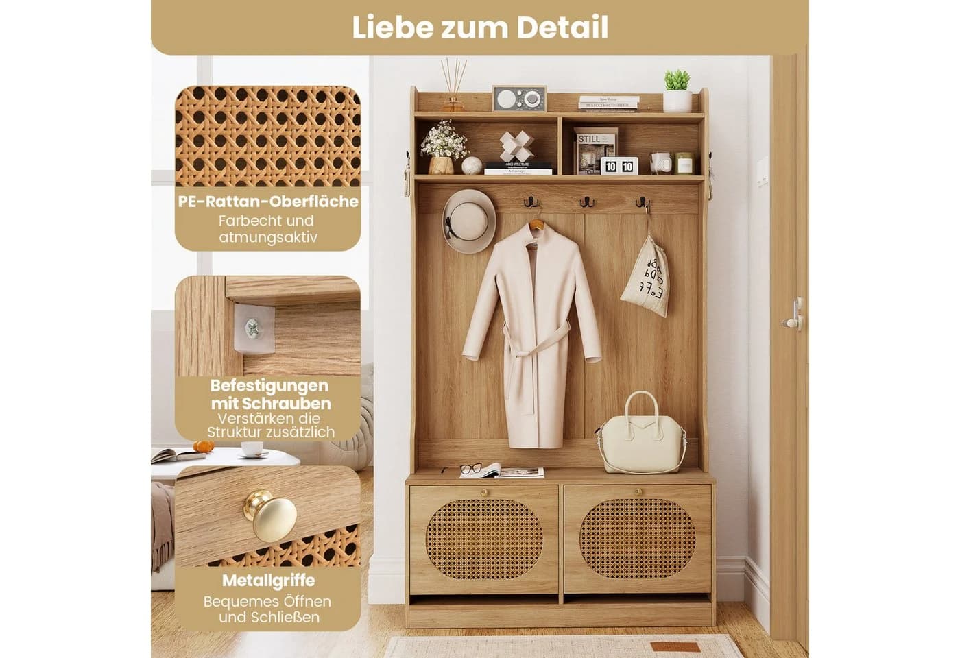 COSTWAY Kleiderständer Holz mit Schuhbank Klappschubladen - Bild 5