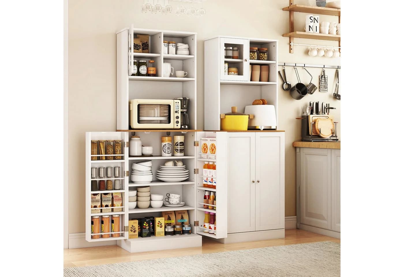 COSTWAY Küchenbuffet mit Arbeitsplatte & Glastür, Weiß