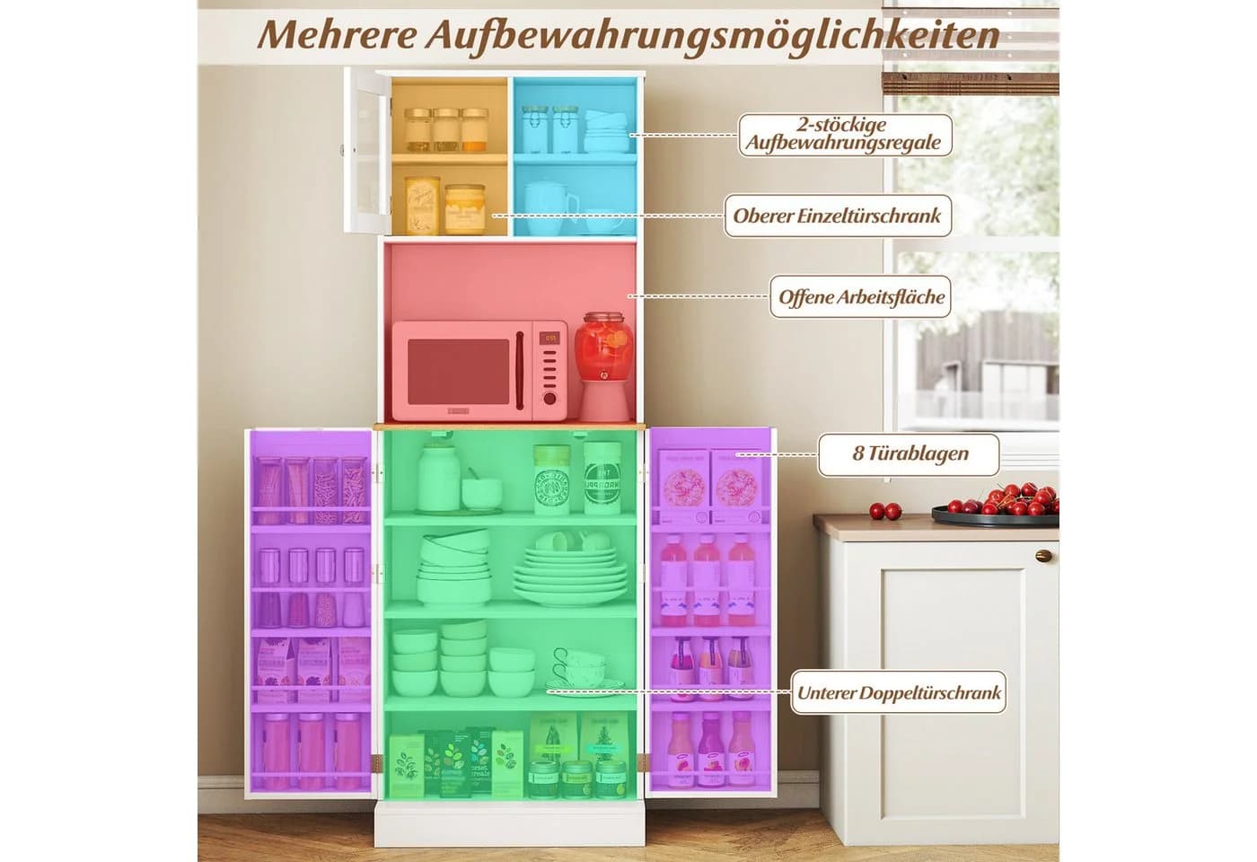 COSTWAY Küchenbuffet mit Arbeitsplatte & Glastür, Weiß - Bild 3