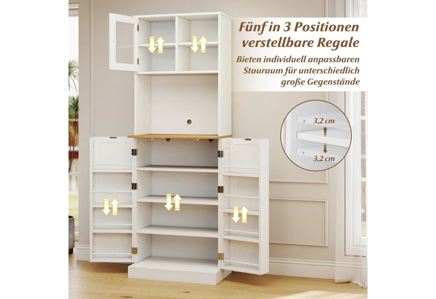 COSTWAY Küchenbuffet mit Arbeitsplatte & Glastür, Weiß - Bild 4