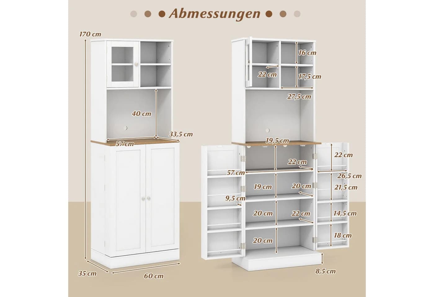 COSTWAY Küchenbuffet mit Arbeitsplatte & Glastür, Weiß - Bild 5