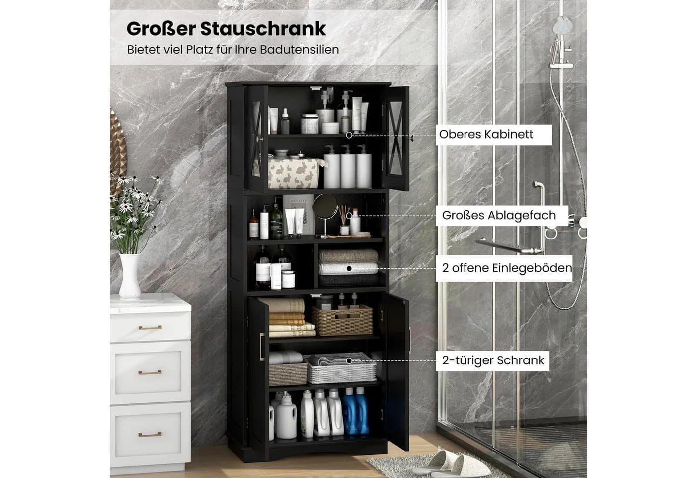 COSTWAY Badkommode schmal Badschrank 4 Türen 3 Ablagen Weiß - Bild 3