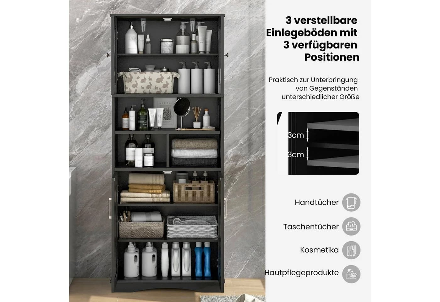 COSTWAY Badkommode schmal Badschrank 4 Türen 3 Ablagen Weiß - Bild 4