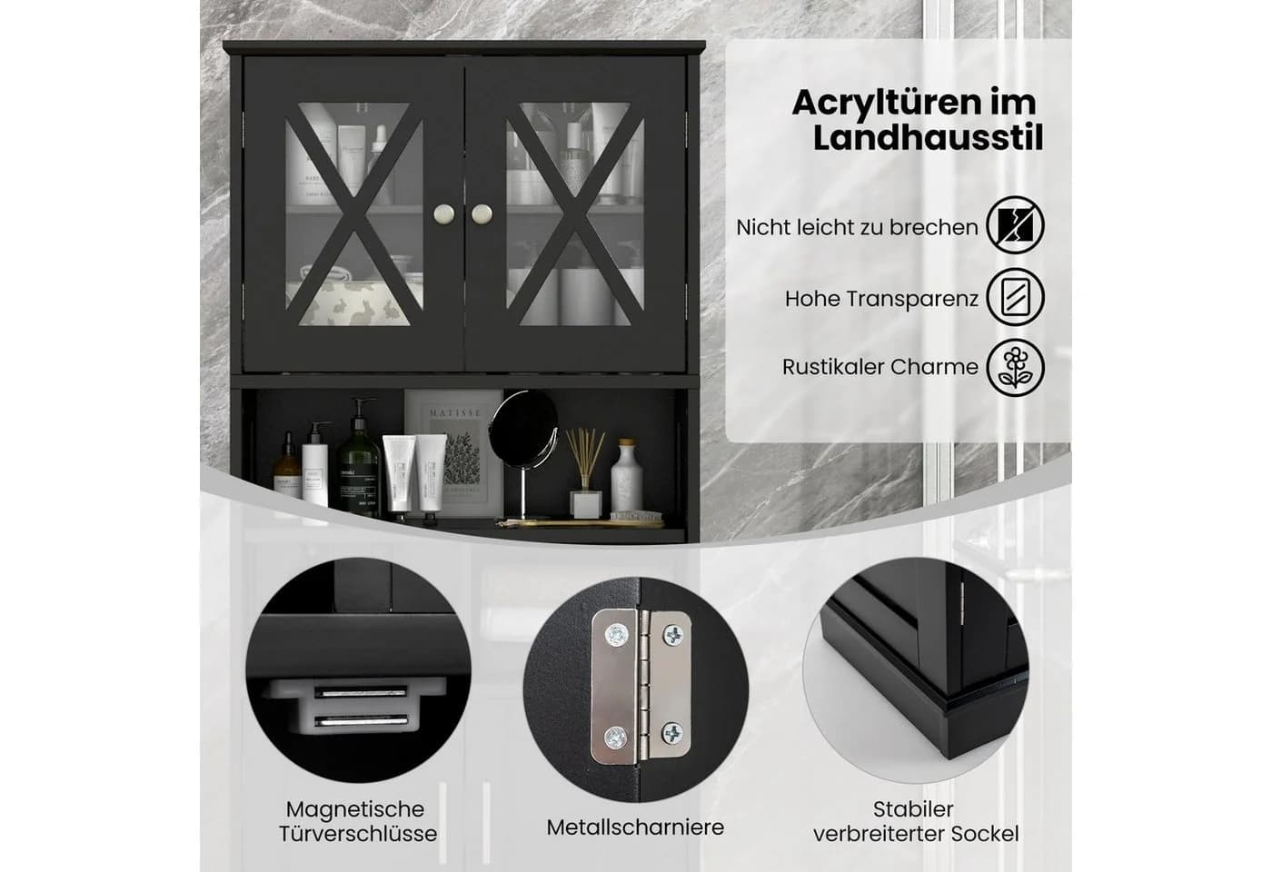 COSTWAY Badkommode schmal Badschrank 4 Türen 3 Ablagen Weiß - Bild 5