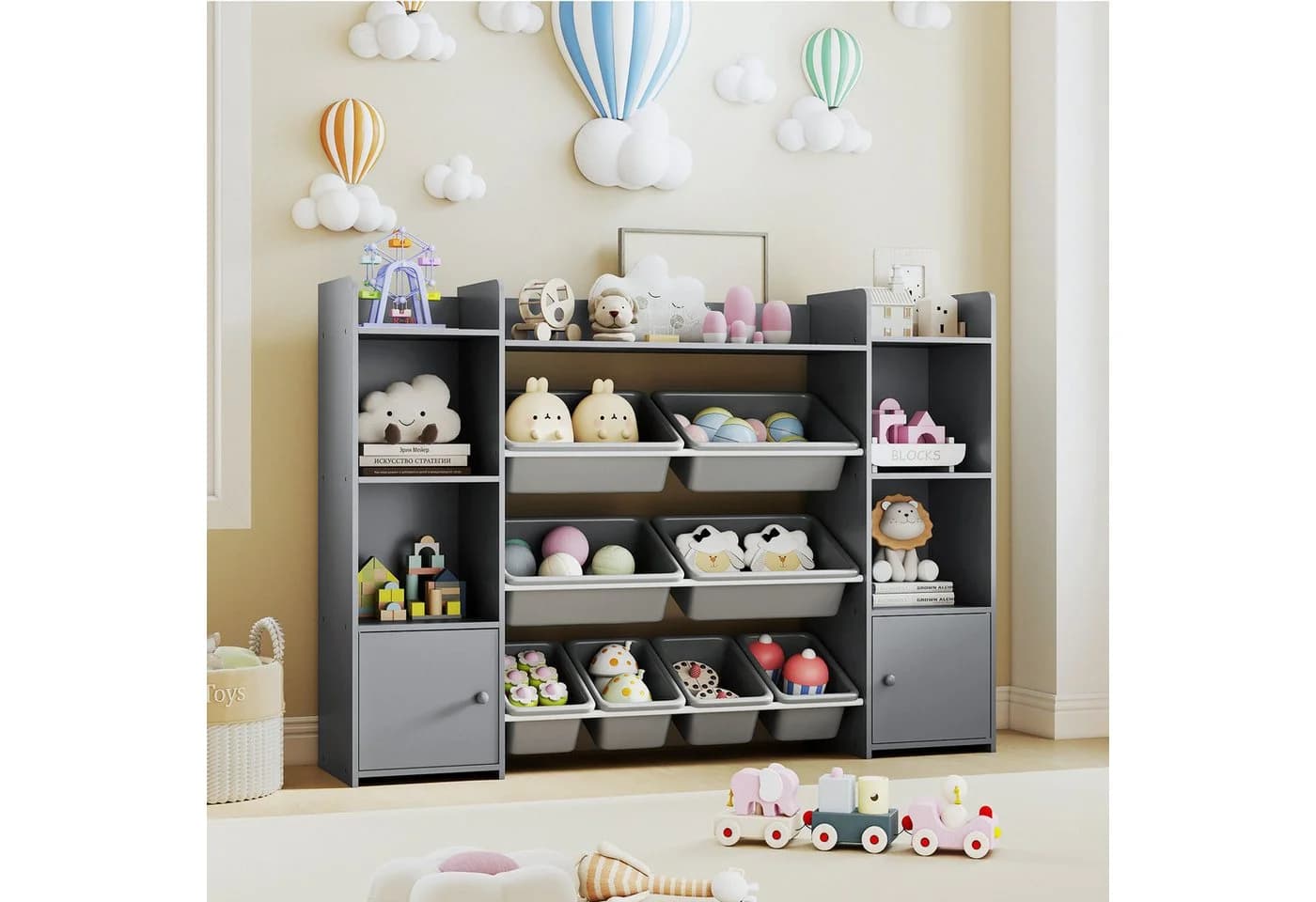 COSTWAY Kinderregal 4-stöckig mit 8 Boxen Holz Grau