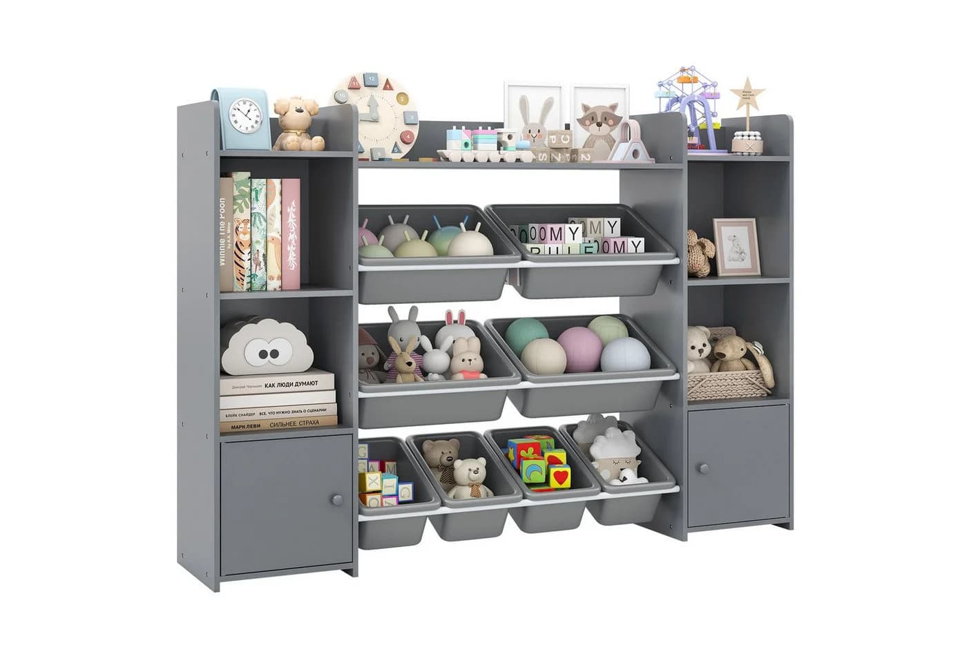 COSTWAY Kinderregal 4-stöckig mit 8 Boxen Holz Grau - Bild 2
