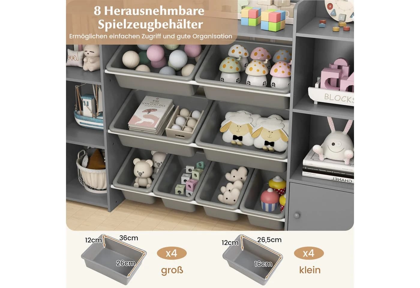 COSTWAY Kinderregal 4-stöckig mit 8 Boxen Holz Grau - Bild 3