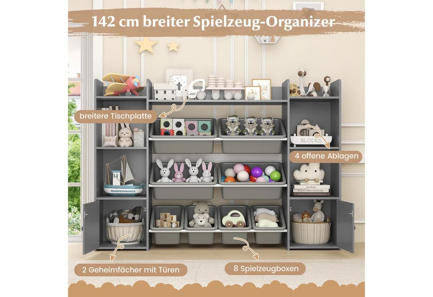 COSTWAY Kinderregal 4-stöckig mit 8 Boxen Holz Grau - Bild 4