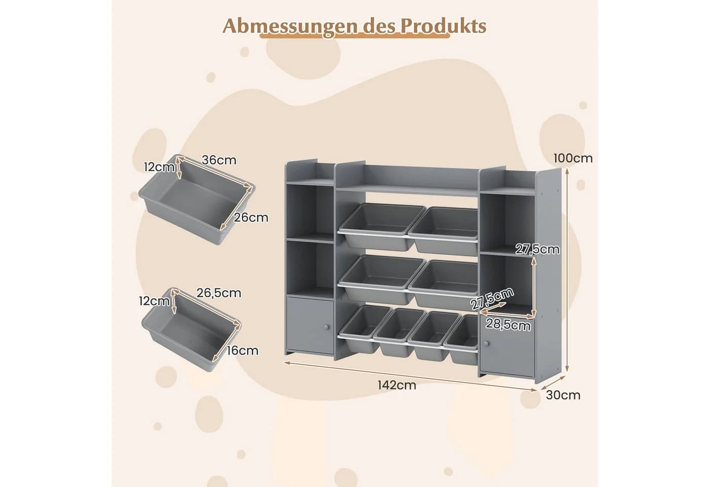 COSTWAY Kinderregal 4-stöckig mit 8 Boxen Holz Grau - Bild 5
