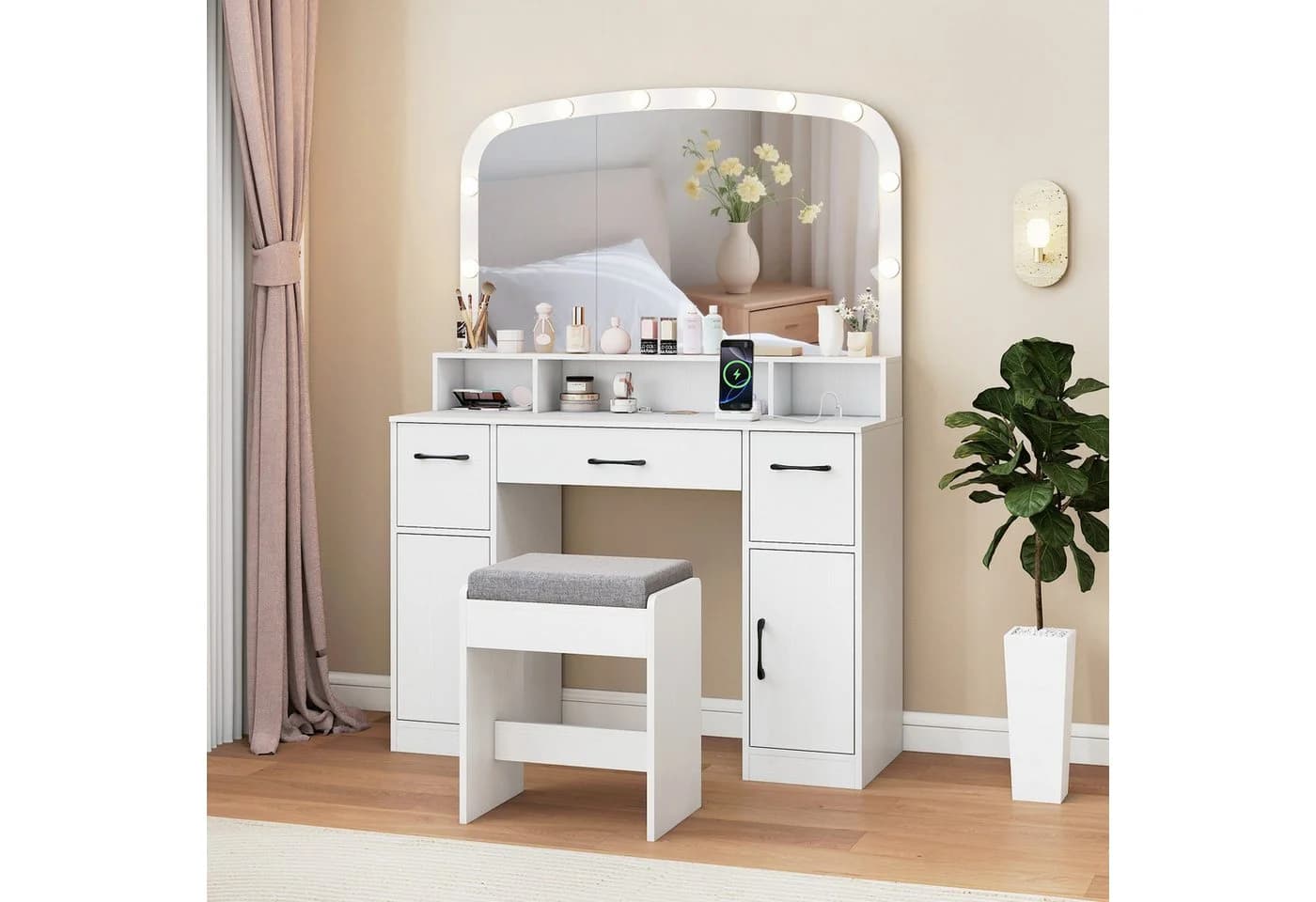 COSTWAY Schminktisch mit Hocker, LED-Spiegel, Ladestation, 108 cm, Braun/Weiß - Bild 2