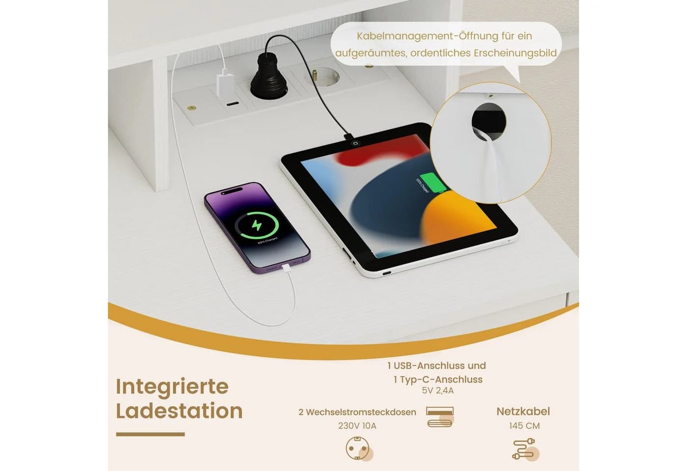 COSTWAY Schminktisch mit Hocker, LED-Spiegel, Ladestation, 108 cm, Braun/Weiß - Bild 3