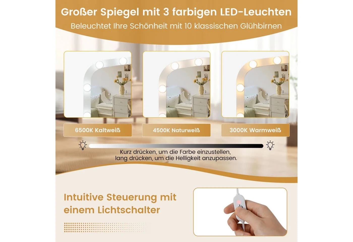 COSTWAY Schminktisch mit Hocker, LED-Spiegel, Ladestation, 108 cm, Braun/Weiß - Bild 5