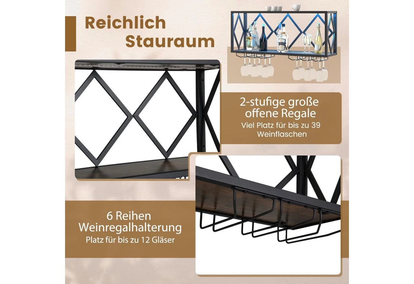 COSTWAY Weinregal Wand LED 2 Ebenen Flaschenregal Holz 39 Flaschen - Bild 3