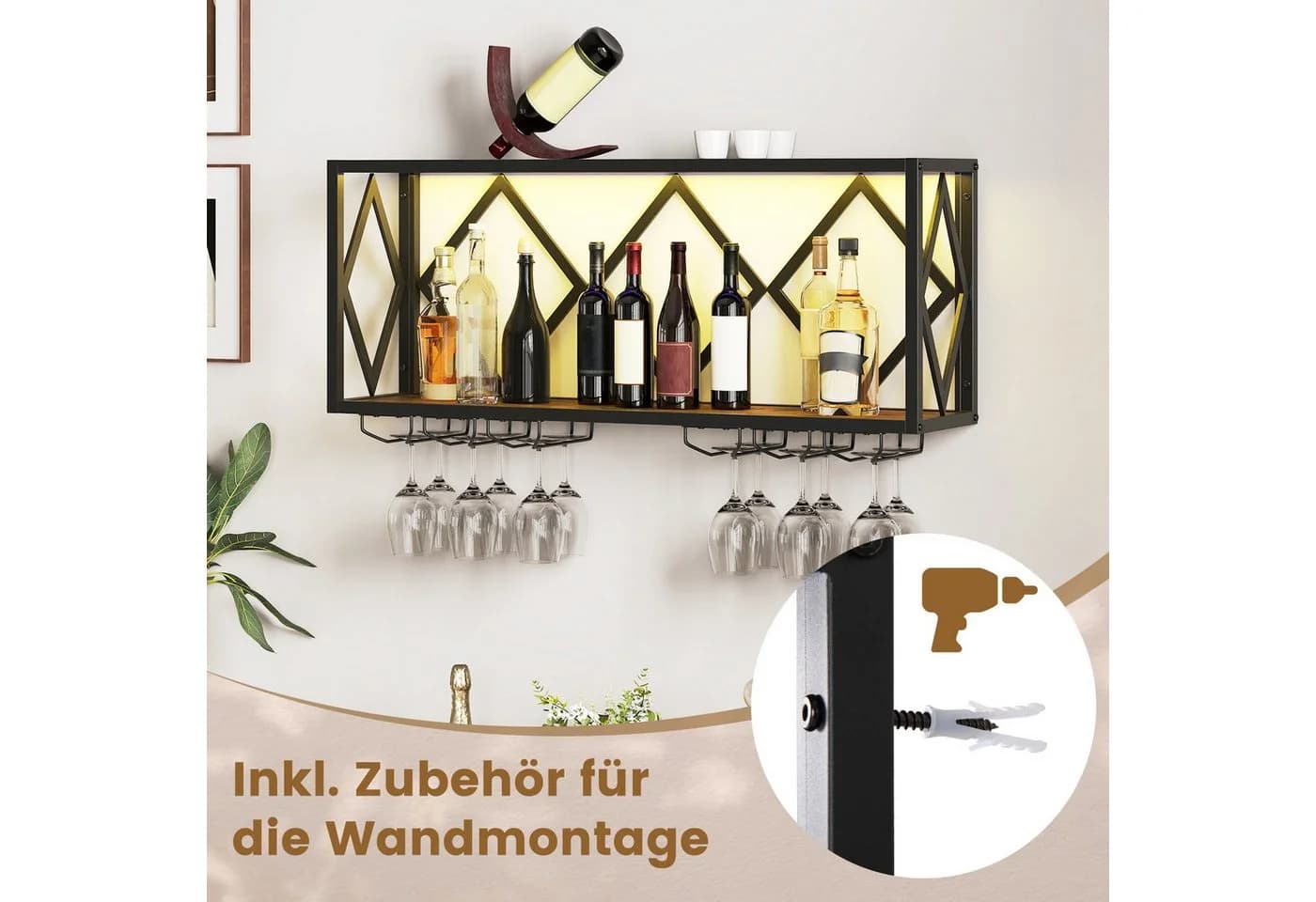 COSTWAY Weinregal Wand LED 2 Ebenen Flaschenregal Holz 39 Flaschen - Bild 4