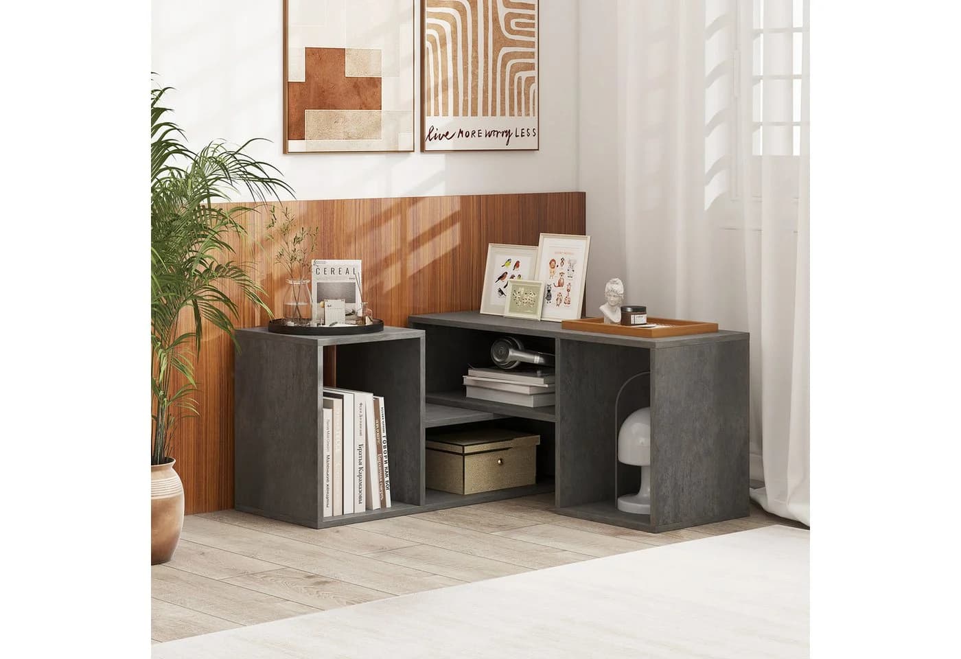 COSTWAY TV-Schrank mit offenen Regalen, 110-134,5cm