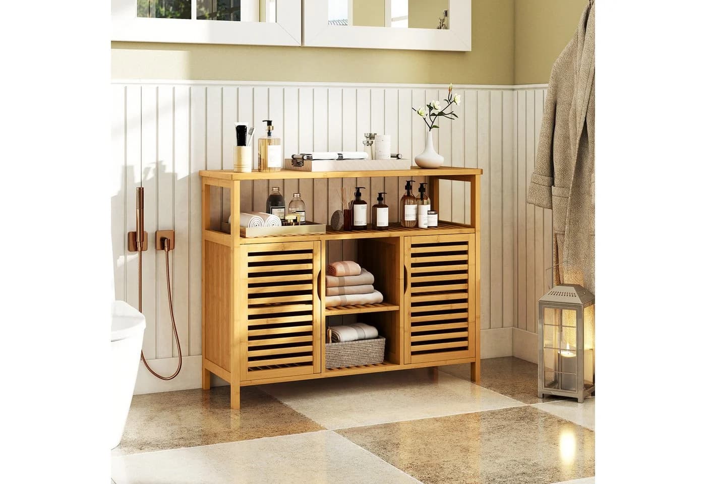COSTWAY Badezimmerschrank Bambus 100x35x80cm