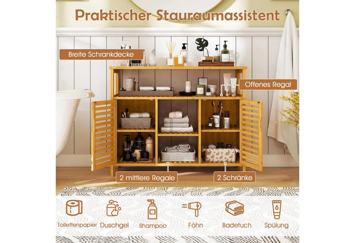 COSTWAY Badezimmerschrank Bambus 100x35x80cm - Bild 3