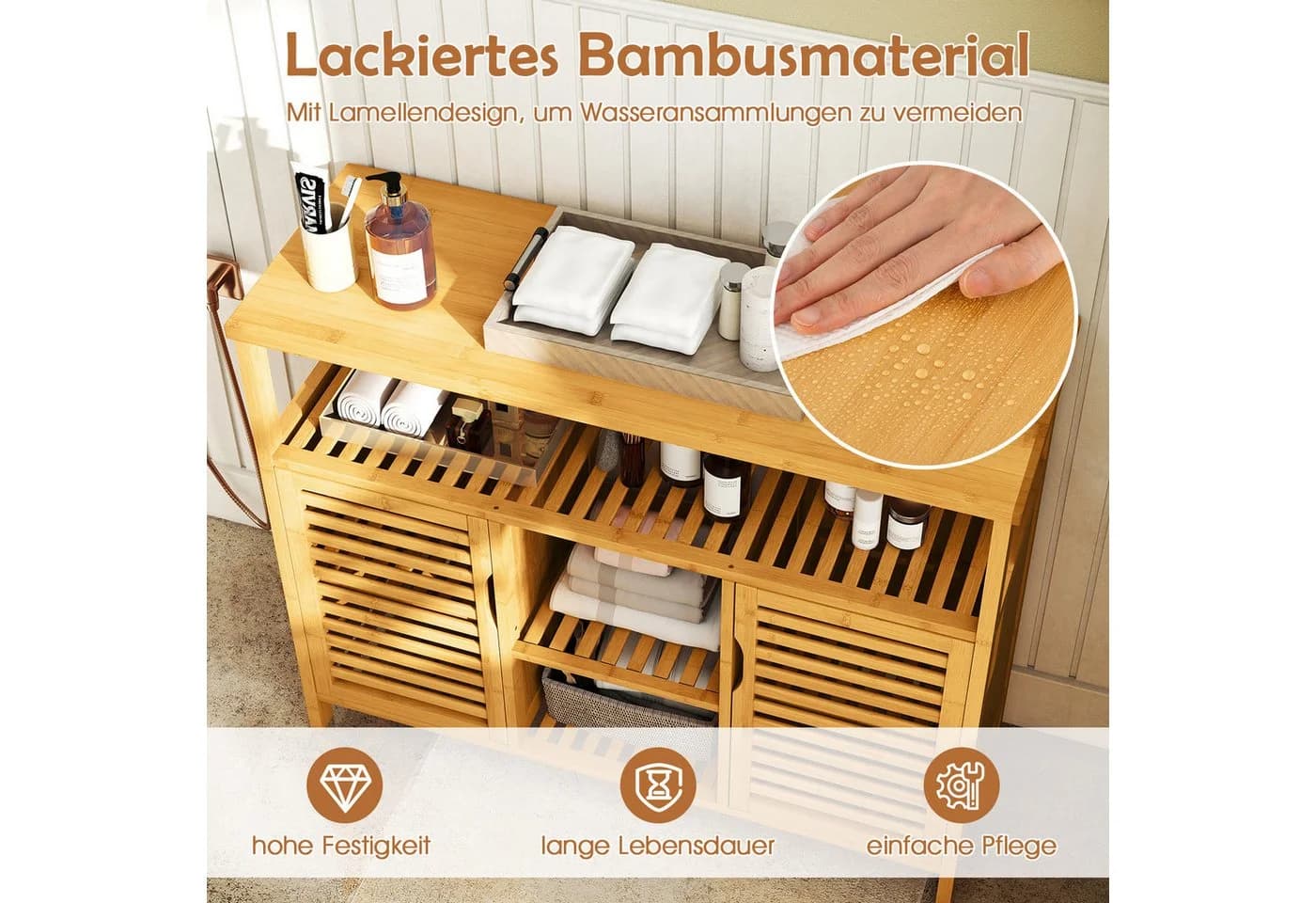 COSTWAY Badezimmerschrank Bambus 100x35x80cm - Bild 4