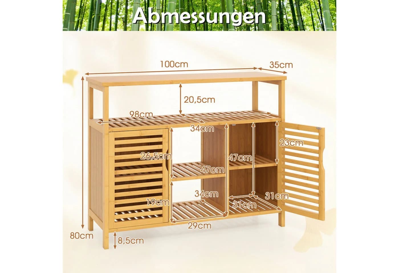 COSTWAY Badezimmerschrank Bambus 100x35x80cm - Bild 5