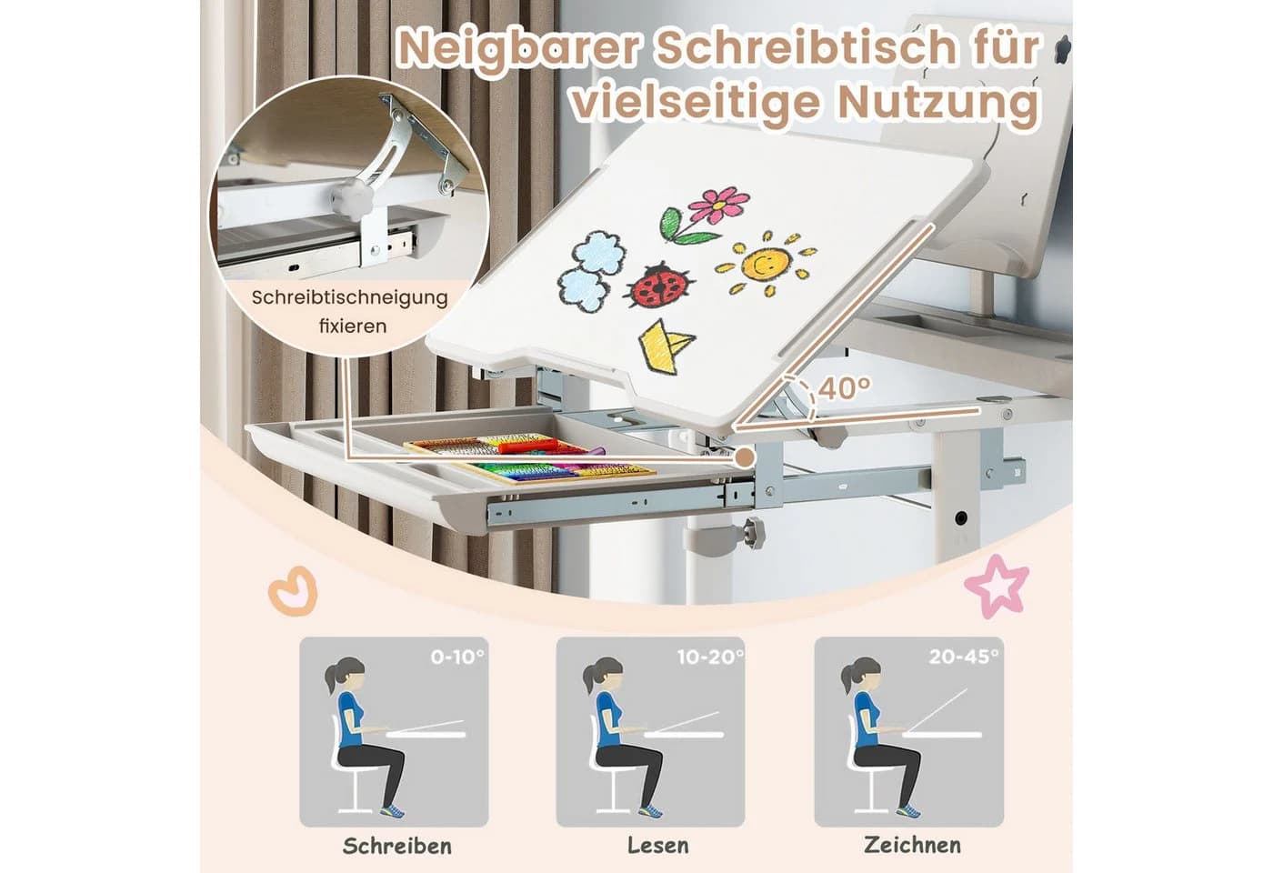 COSTWAY Kinderschreibtisch (2-St) mit Stuhl, kippbar & höhenverstellbar Grau - Bild 3
