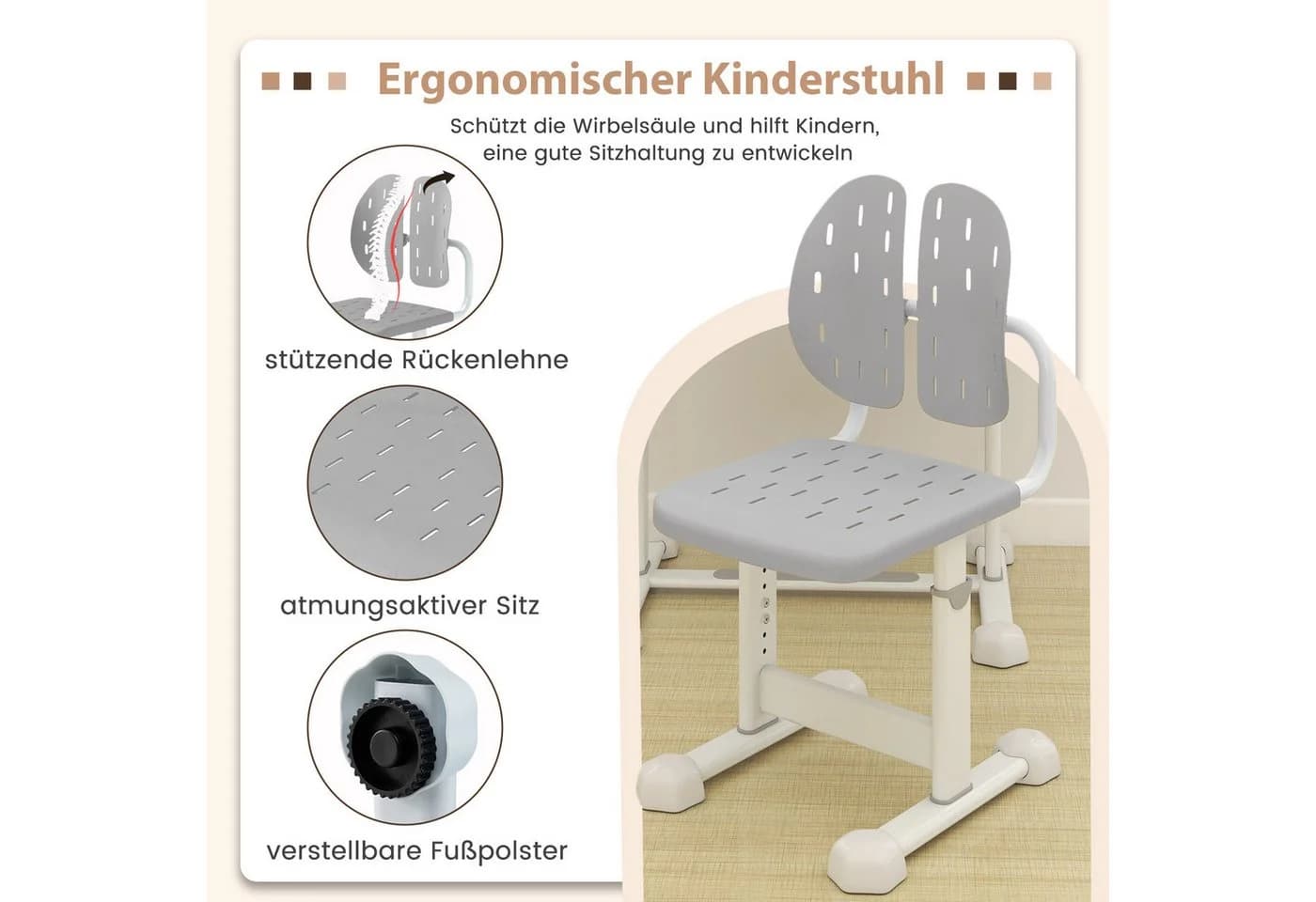 COSTWAY Kinderschreibtisch (2-St) mit Stuhl, kippbar & höhenverstellbar Grau - Bild 4