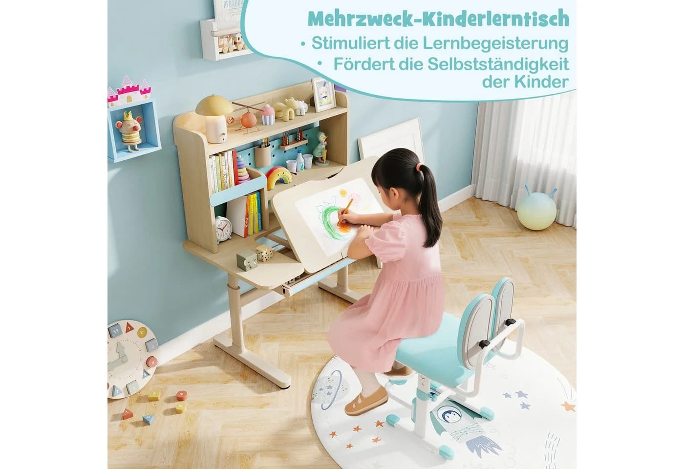 COSTWAY Kindertisch Blau mit Regal & Schublade, höhenverstellbarer, ab 3 Jahre - Bild 4