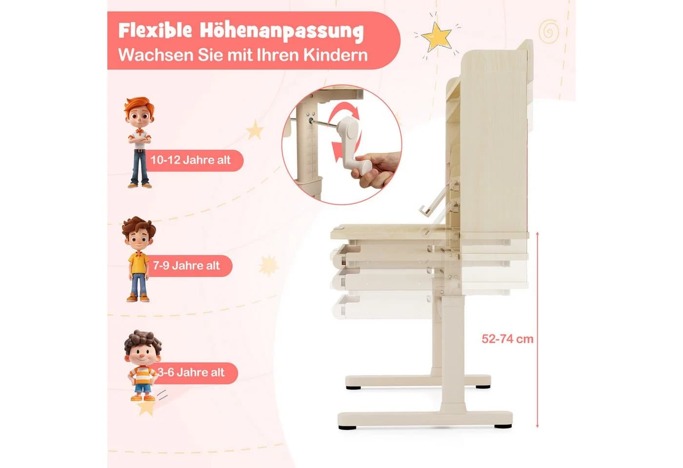 COSTWAY Kindertisch höhenverstellbar mit Regal & Schublade Rosa