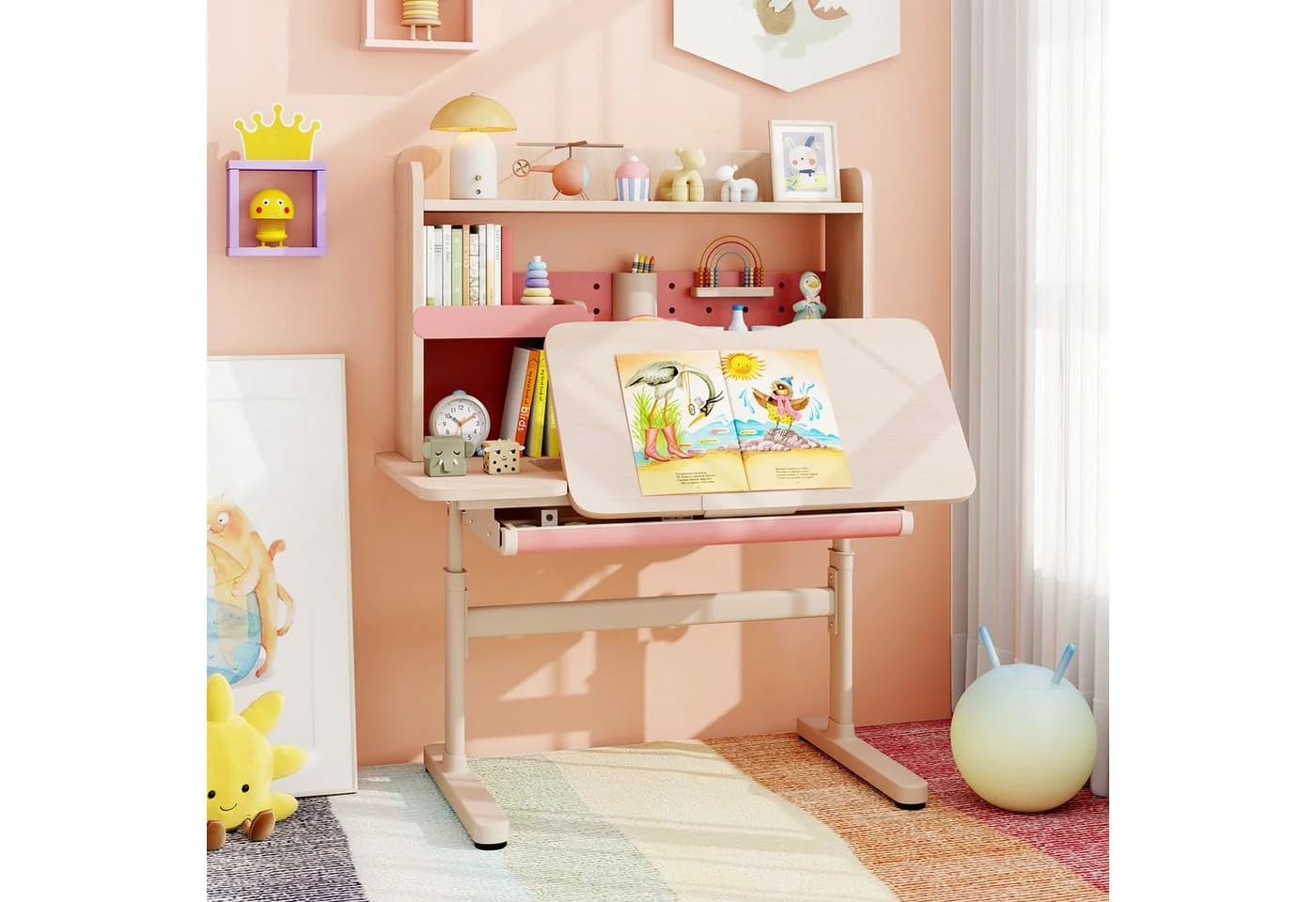 COSTWAY Kindertisch höhenverstellbar mit Regal & Schublade Rosa - Bild 2