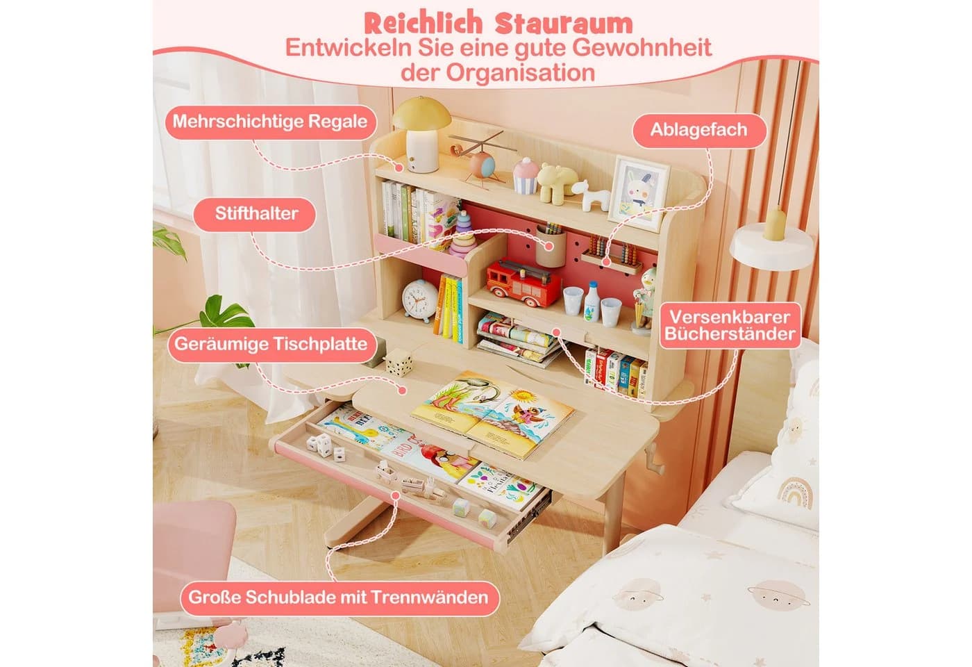 COSTWAY Kindertisch höhenverstellbar mit Regal & Schublade Rosa - Bild 5