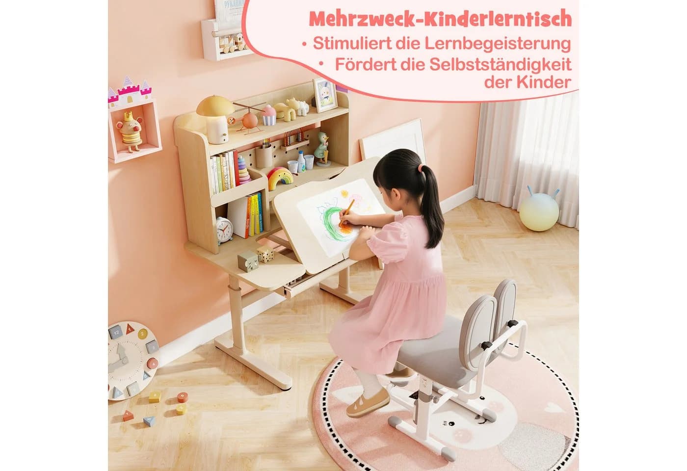 COSTWAY Kindertisch mit Regal & Schublade, höhenverstellbar, ab 3 Jahre - Bild 4